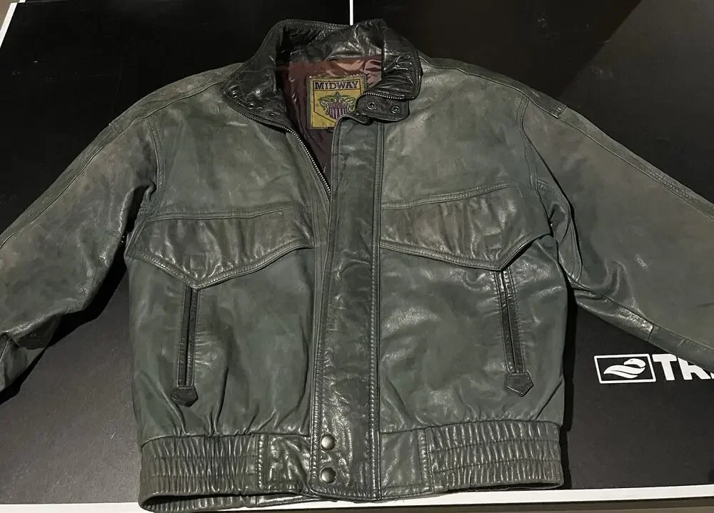 Vintage 80s Midway Leather Bomber Jacket Mens Small Sage Green Slate Flight Coat